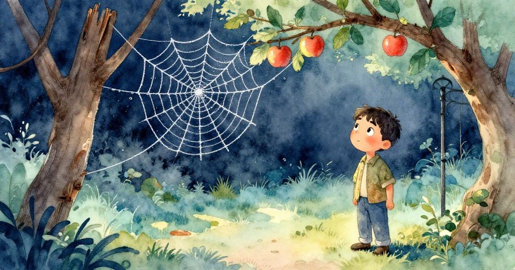 Dorian在清晨庭院停步，仔細看著掛露水的蜘蛛網，環境中有舊蘋果枝和鐵柱，神情好奇而靜謐。