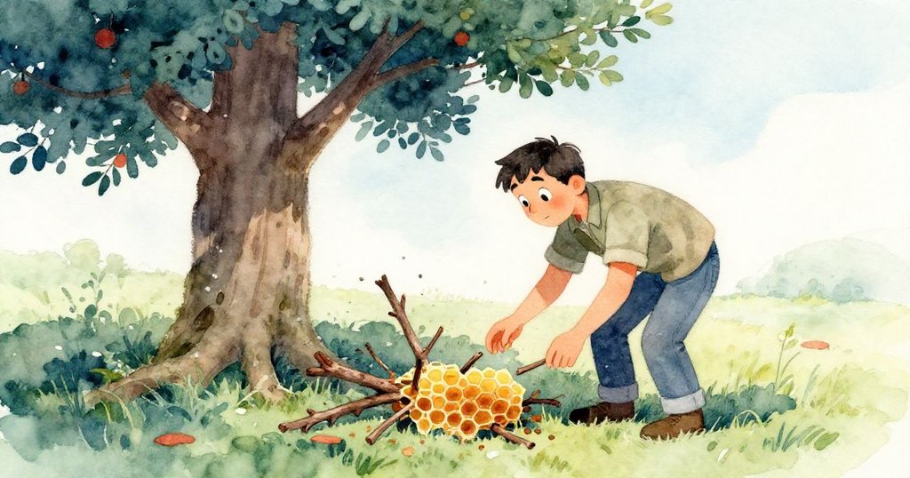 Dorian在輕微傾斜的角度下彎腰仔細觸碰排列成蜂巢狀的樹枝，樹下晨光柔和，充滿了神秘自然氣息。