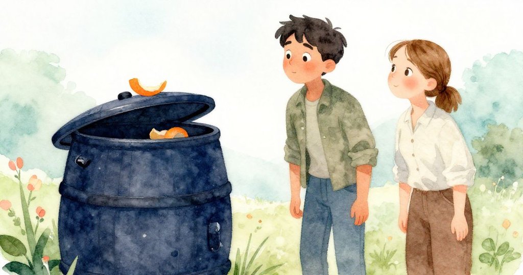 Dorian與June在晨光中默契對望，注意到微搖的堆肥桶與橙皮托起的桶蓋，氛圍靜謐而神秘。