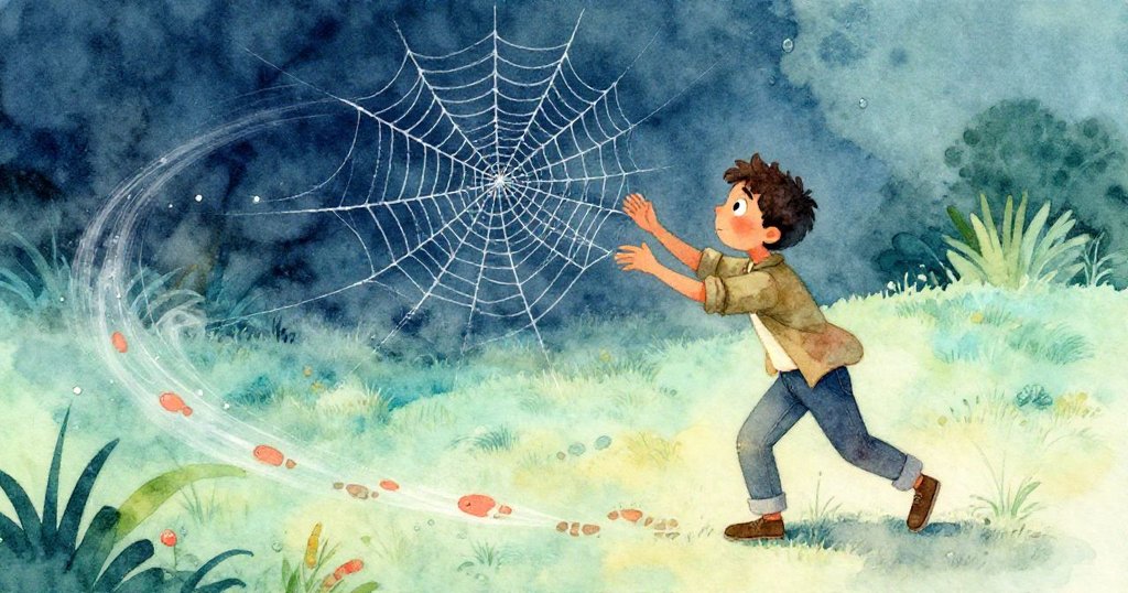 Dorian輕盈繞過脆弱的蜘蛛網，留下淡淡腳印與移動的露珠，動態畫面展現晨光中的細膩律動。