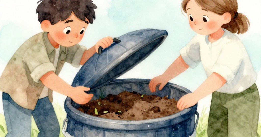 Dorian與June合力掀開堆肥桶蓋，露出溫暖濕潤的泥土，雙人專注合作，畫面傳遞持續綠色生活的希望。