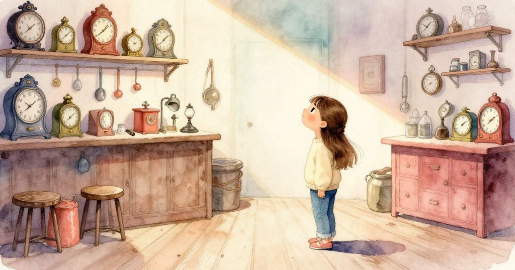 Tara在昏暗修復店內，聽見神秘聲音，古董時鐘環繞中，表情充滿驚奇與謹慎，環境充滿懷舊感。