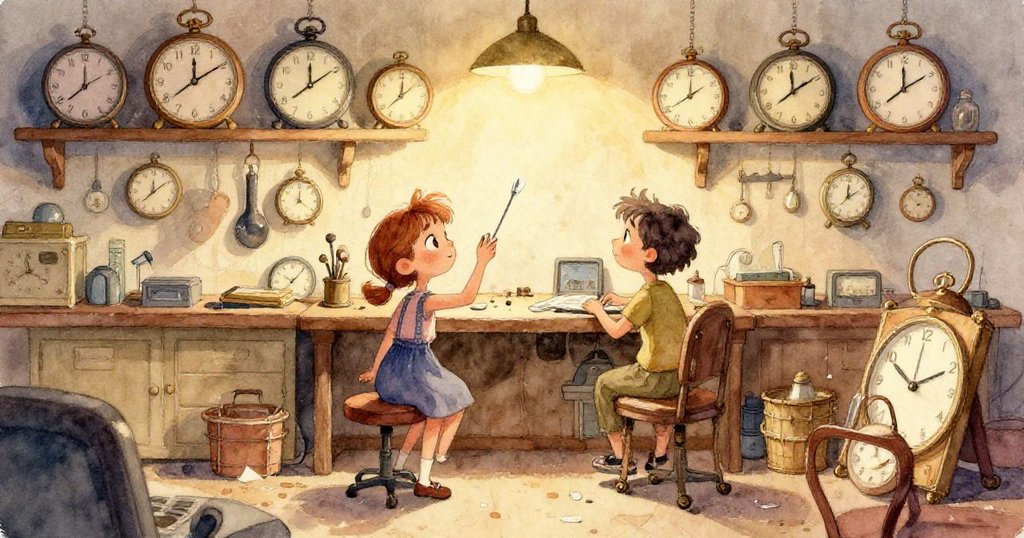 從毛絨兔視角看見黃銅螺絲在雜亂工作台上滾動，細膩天鵝絨耳邊閃過意外痕跡，充滿好奇觀察。