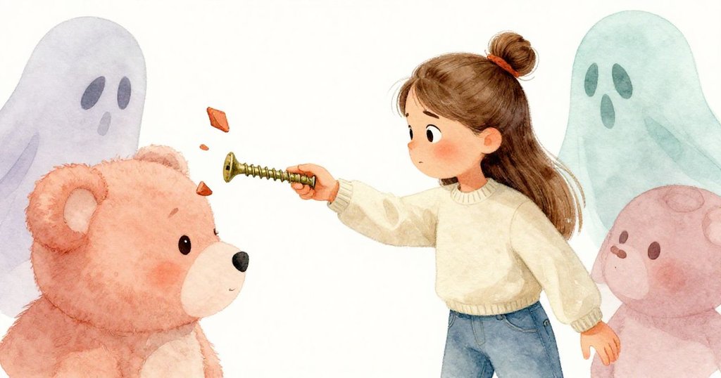 Tara專注夾持螺絲，與同時呈現幻影層次，牽動內部彈簧釋放陶片落於毛絨兔耳上，現實與夢幻交融。