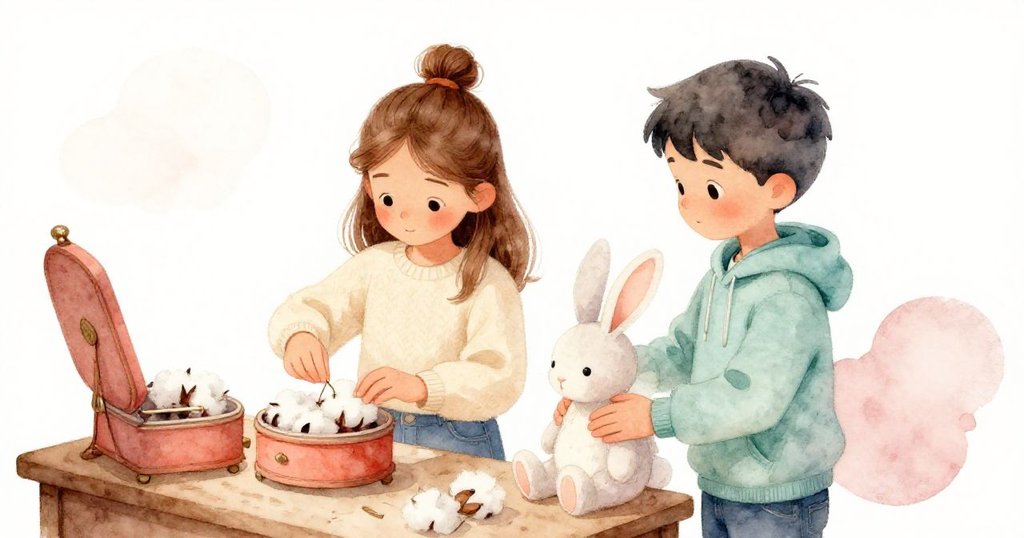 Tara與Ian於溫馨工作台前合作，Tara填充棉花於音樂盒，Ian輕扶毛絨兔，臉上浮現柔和笑容，心意相連。