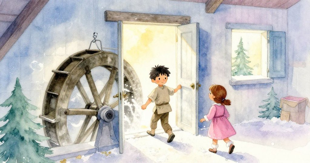 芬進入古老磨坊，注意到漂浮的白粉；貝婭跟隨，環境溫暖光影柔和，充滿好奇與期待的情感展現。