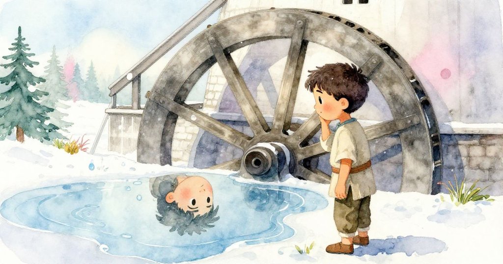 芬側臉映於潮濕地板中，水珠點綴與輪轉倒影交融，神情專注且溫柔思索。