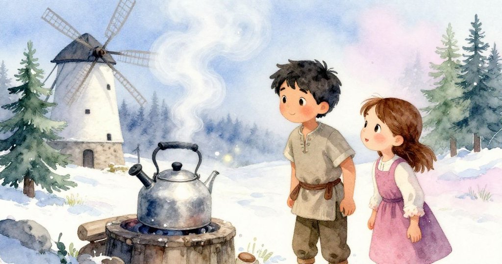 鍋子冒出輕柔蒸氣與細小泡沫，芬與貝婭目光驚喜，畫面充滿魔法般溫暖氛圍。