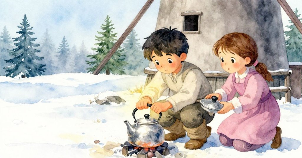 貝婭蹲下觸摸鍋身溫度，芬穩住鍋蓋，二人齊心解讀磨坊奇異脈動，滿懷探索與決心。