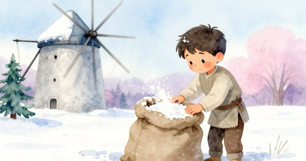 芬靜臥於麵粉袋旁，溫柔粉末猶如雪花沈降，磨坊歸於平靜，畫面充滿安逸與結局的溫馨。