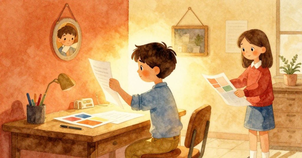 科爾在溫暖燈光下舉起一張紙，剪影清晰，背後的瓊在整理彩色紙塊，房間充滿溫馨氛圍，展現故事開始。