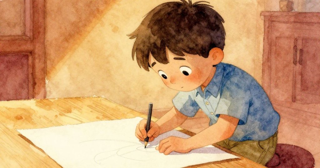 科爾凝視著紙上的細微痕跡，手指輕觸，臉上帶著好奇神情，燈光柔和，傳達寧靜發現的瞬間。