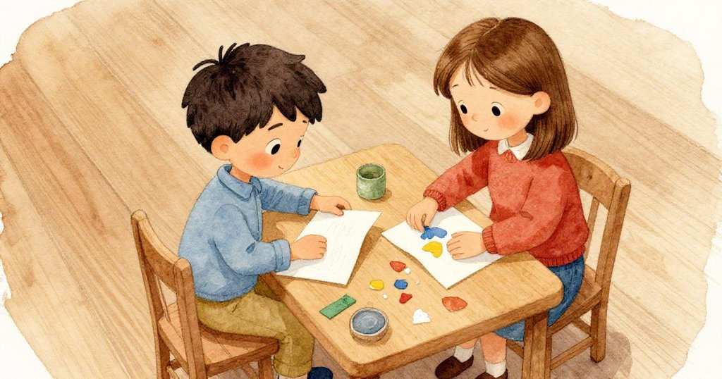 從俯視角看，科爾摺著紙，瓊整理彩紙，他們專注而協調，桌面細節豐富，房間溫馨充滿故事氛圍。