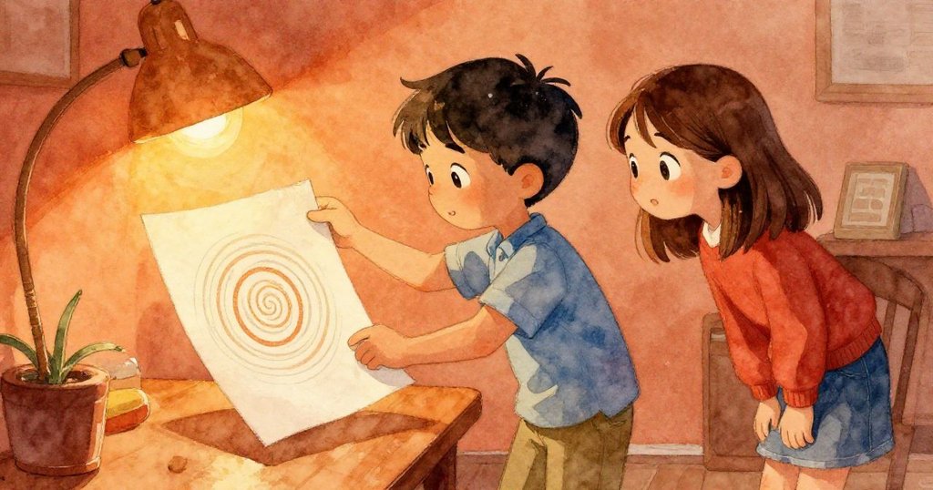 科爾小心反折紙張展現隱藏的漩渦，瓊靠近注目，燈光下紙紋清晰，兩人共享發現的悄然時刻。