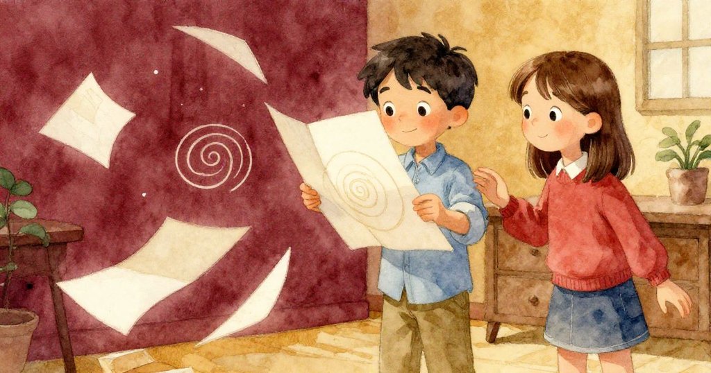 科爾調整紙張使隱藏的漩渦顯現，紙摺發出脆響，瓊微笑注視，兩人動作協調，桌面散落著彩紙，充滿故事張力。