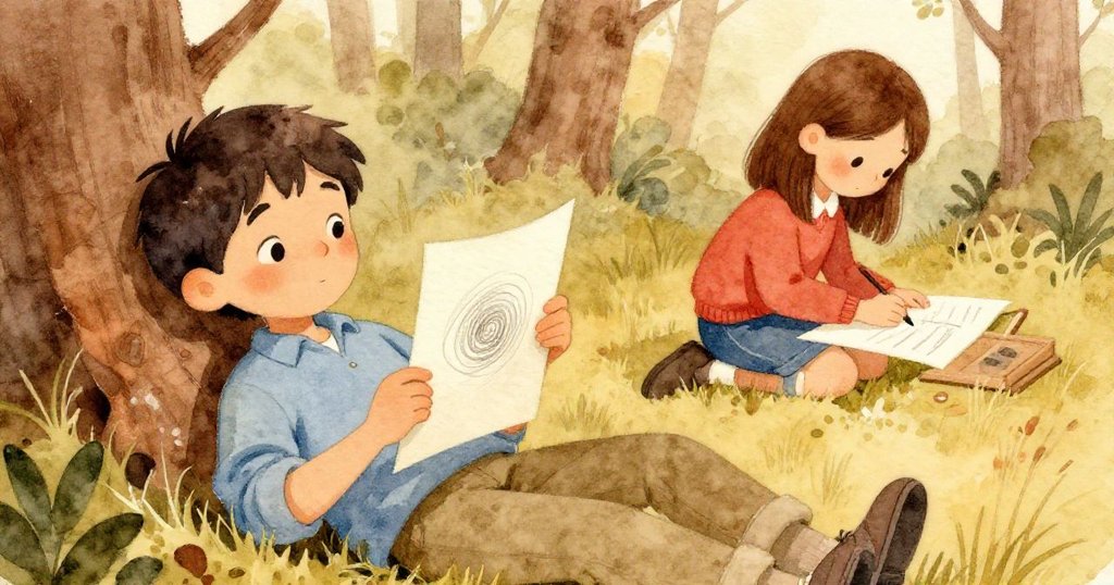 科爾靜靜欣賞摺紙最終成果，手持帶痕跡紙張，房間燈光柔和，瓊在背景工作，安寧與滿足充斥空間。