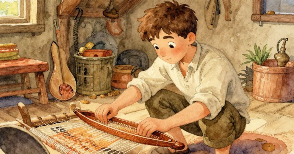 拉斐蹲下小心提起光滑胡桃木梭,眼中流露驚奇,捕捉到木質溫暖與淡淡柑橘香氣,氛圍神秘。