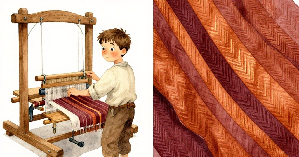 畫面分割,左側梭子停在機械間件上,右側拉斐細看帶有柑橘氣息的深色斜紋布料,情緒充滿好奇與發現。