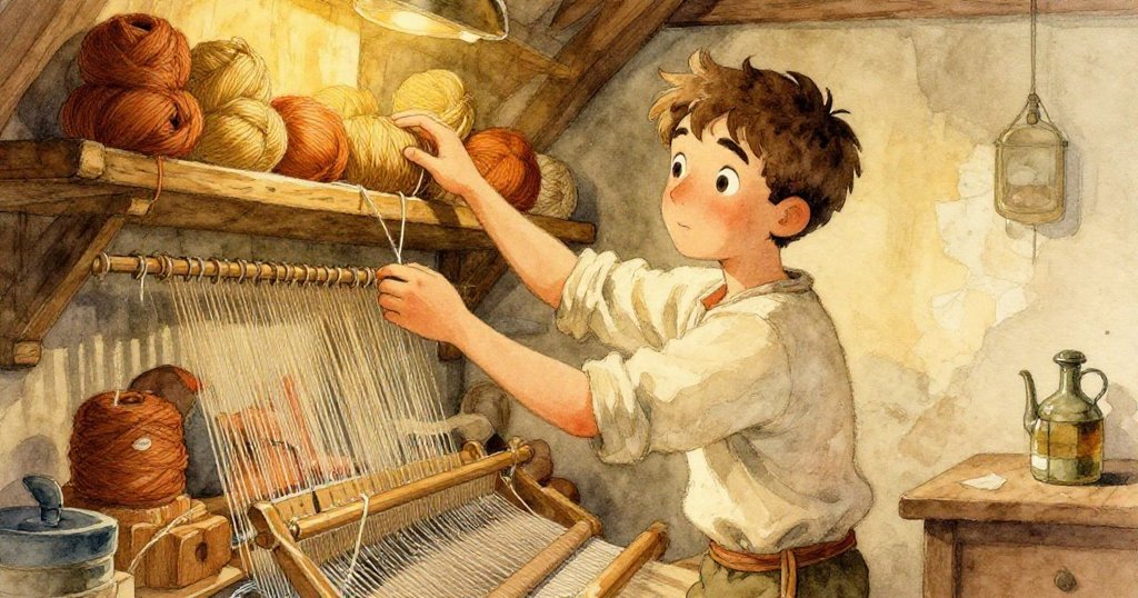 拉斐在織布間內伸手取下一捆原色亞麻,背景陳列整齊的線筒與木層架散發著雪松油香,意志堅定。