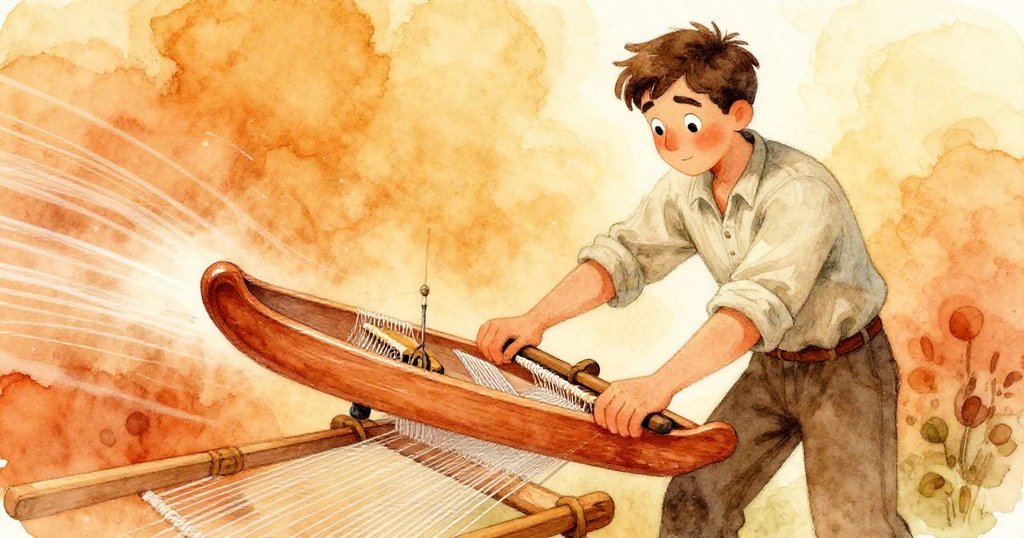 拉斐用力踏下踏板,木梭滑動間帶動織線連成動感軌跡,纖維與光影流動彰顯生命力。