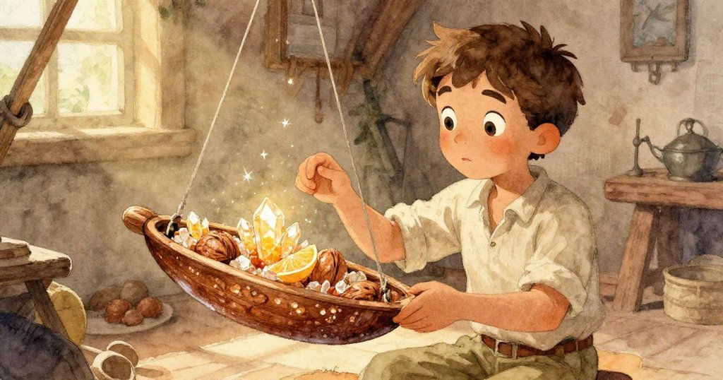 晚光映照下拉斐凝視著冷卻的胡桃木梭,細小柑橘結晶閃爍,殘留絲線增添神秘詩意,意境悠遠。