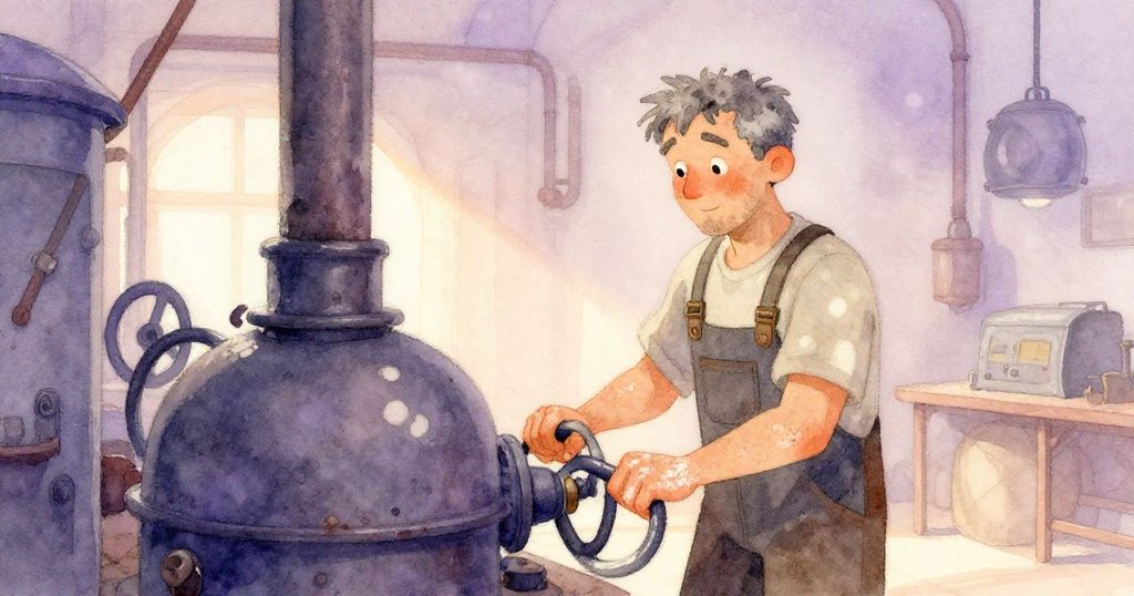 布拉姆在昏黃機械房中轉動手柄，機器發出輕響，燈光映照，臉上帶著平靜期待的神情。