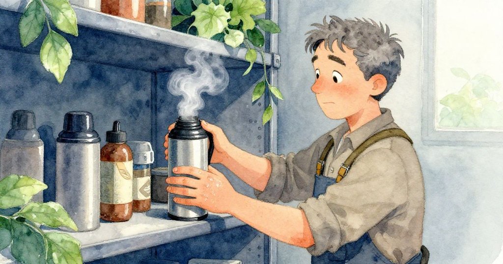 布拉姆溫柔地把冒著熱氣的水壺放在窄架上，背景中閃現著藍影與綠意，展現出專注又溫暖的情緒。