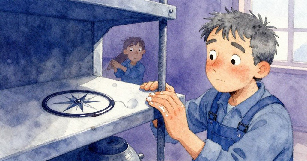 布拉姆發現架上留有黑色油痕和淡淡油跡，近景中呈現扭曲鏡頭效果，神情專注於缺失的油罐。