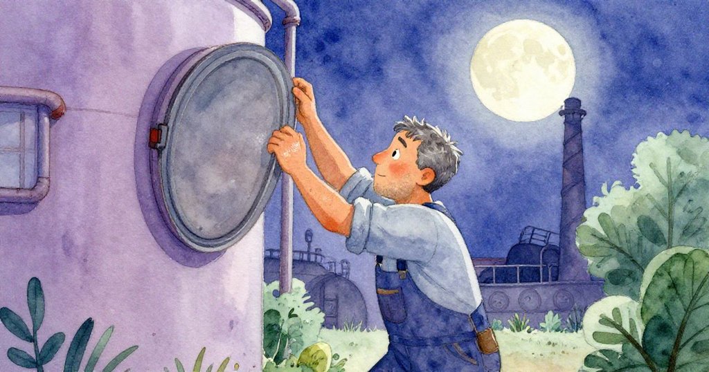 布拉姆小心掀起維修艙蓋，月光輕瀉，照亮塵封繩圈與細微灰塵，呈現出混合回憶與當下的柔和情感。