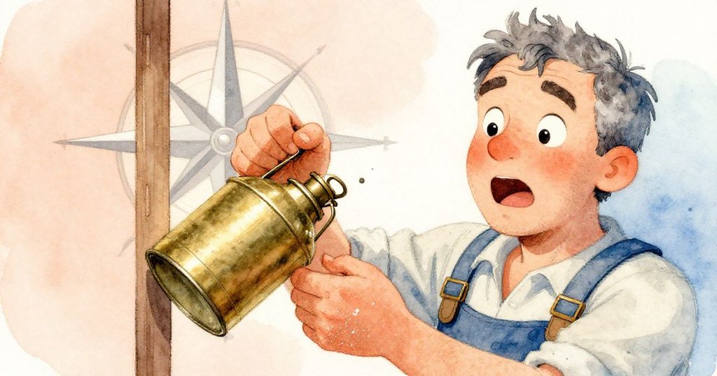 布拉姆在狹窄鋼樑後找到失蹤的黃銅油罐，臉上由擔憂轉為驚喜與鬆口氣，情感豐富。