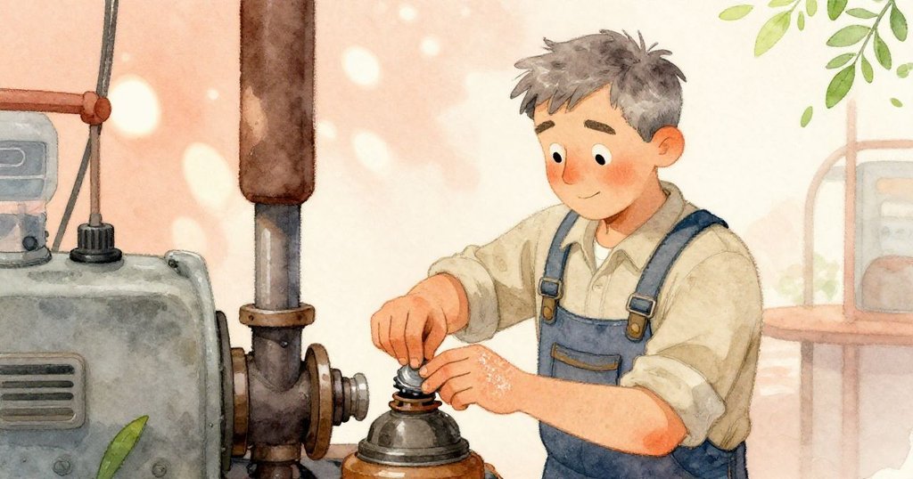 布拉姆重新啟動機器，緊閉油罐蓋，手握發暖手柄，背景中機械恢復運作，畫面充滿了安心和重獲秩序的情感。