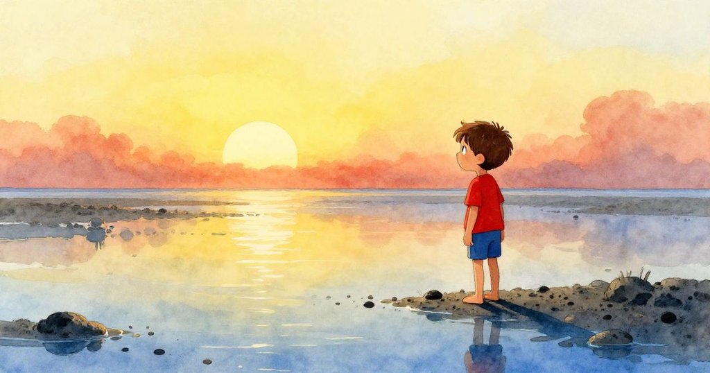 奧斯卡在潮濕的平地上停下腳步,黃昏光線柔和映照寧靜水面,臉上流露出好奇與期待的神情。