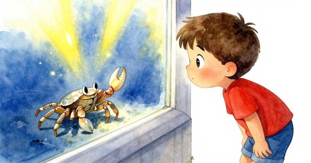 奧斯卡透過平靜水池仔細觀察一隻舉起螯的細小蟹子,光影交織中充滿驚奇與神秘氛圍。