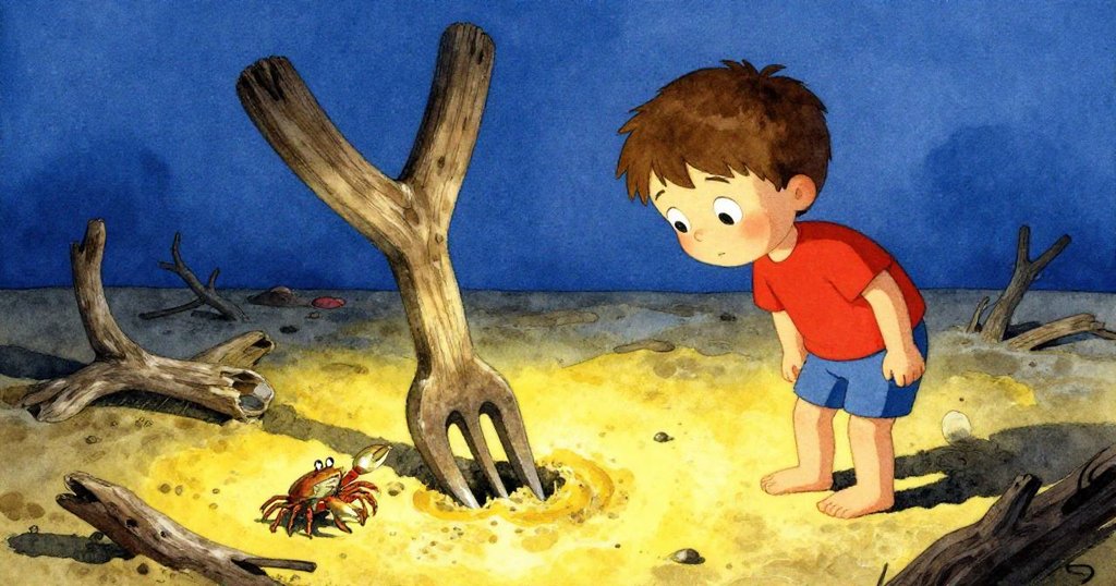 奧斯卡站在奇異分岔的泥面前,手持漂流木細看自然繪製的地圖般分叉,蟹子規律敲擊,充滿神秘與詭譎美感。