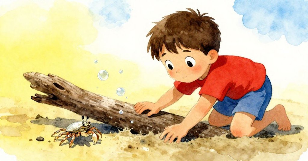 奧斯卡輕推漂流木,使泥土微微移動產生氣泡,他與環境互動展現出自然細膩因果關係的美妙場景。