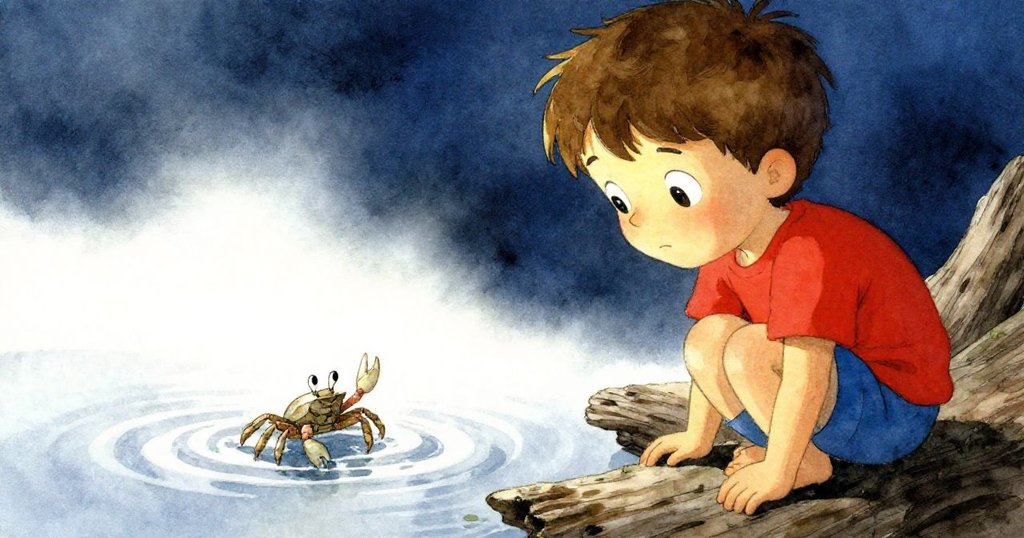 奧斯卡站在銀光閃爍的水池邊,注視著螃蟹逐漸消逝於水脈中,充滿探索未知與靜謐懸念的氛圍。