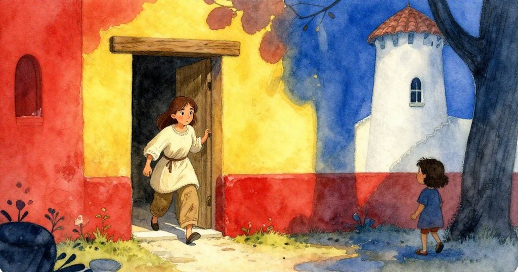 在陽光庭院中，Rosa穿過狹窄橡木門踏入涼爽塔內，表情堅定，背景展示古老石牆與明暗交錯的光影。