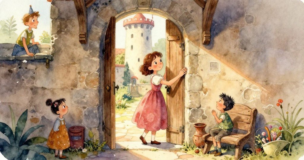 Rosa專注地用手觸摸帶金黃色紋理的麻繩，細看纖維質感，背景隱約呈現塔內石牆，充滿溫柔專注。