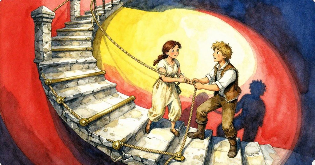 Rosa與Max在彎曲石階上合作修繕，利用扭曲視角展現磨損石牆與閃亮銅梯，動作緊張且充滿協同。