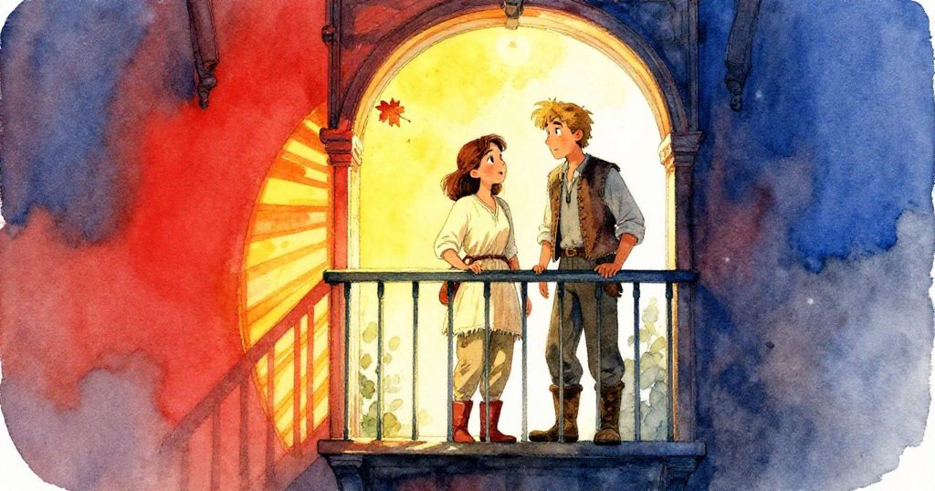 夕陽灑落露台，鐘面下Rosa與Max凝望遠方，落葉悠然飄舞，光影交錯展現秋日溫柔與沉思。