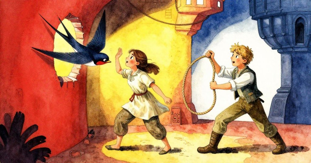 燕子倏然從縫隙飛出輕拂Rosa臉頰，Max奮力固定下墜麻繩，動作急促緊張充滿活力。