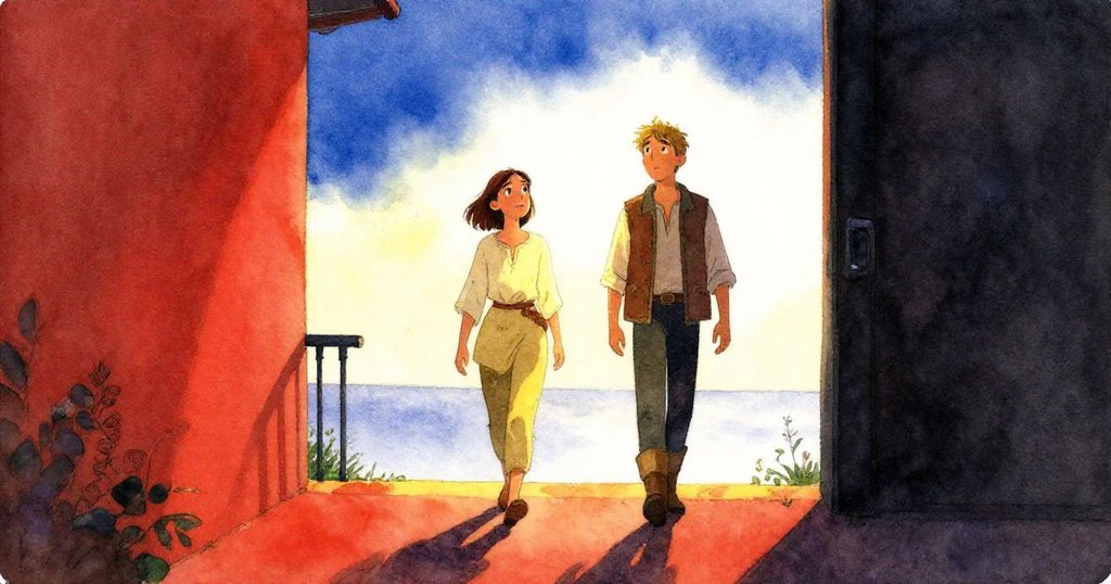 修繕完成後，Rosa與Max站在露台上凝望遠方天際，面帶安心與期待，暮光中展現希望與未來新旅程。