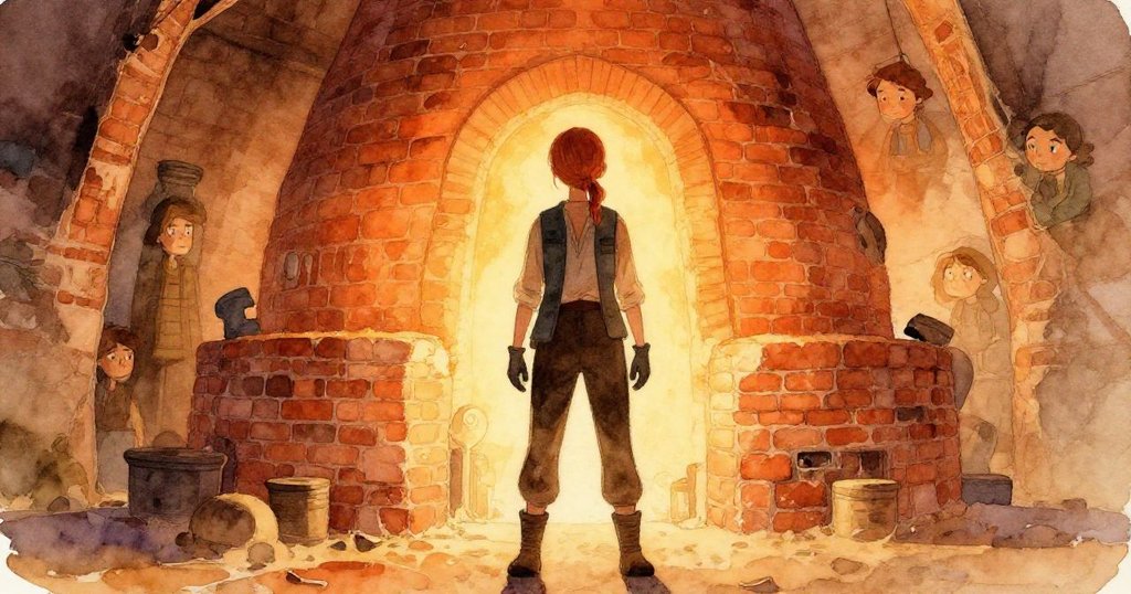 Viola平靜站在古窯前，身穿工作服，手持泥杯箱，背景夕陽映出磚拱輪廓，氛圍充滿神秘感