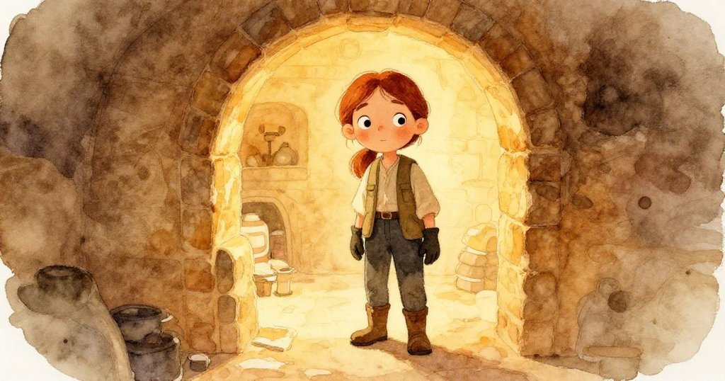 Viola通過窄縫凝視窯內，溫暖琥珀光透入，臉上流露出好奇神情，背景呈現柔和光影