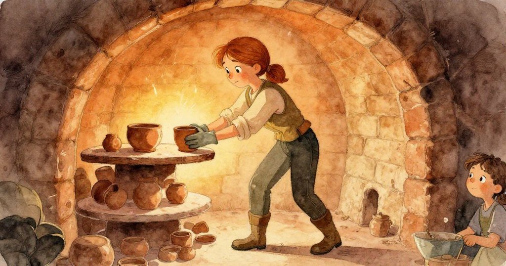 Viola動作輕盈地將淺色泥杯放上變形架，手套輕觸煙灰紋理，動態場景展現窯中溫暖光影