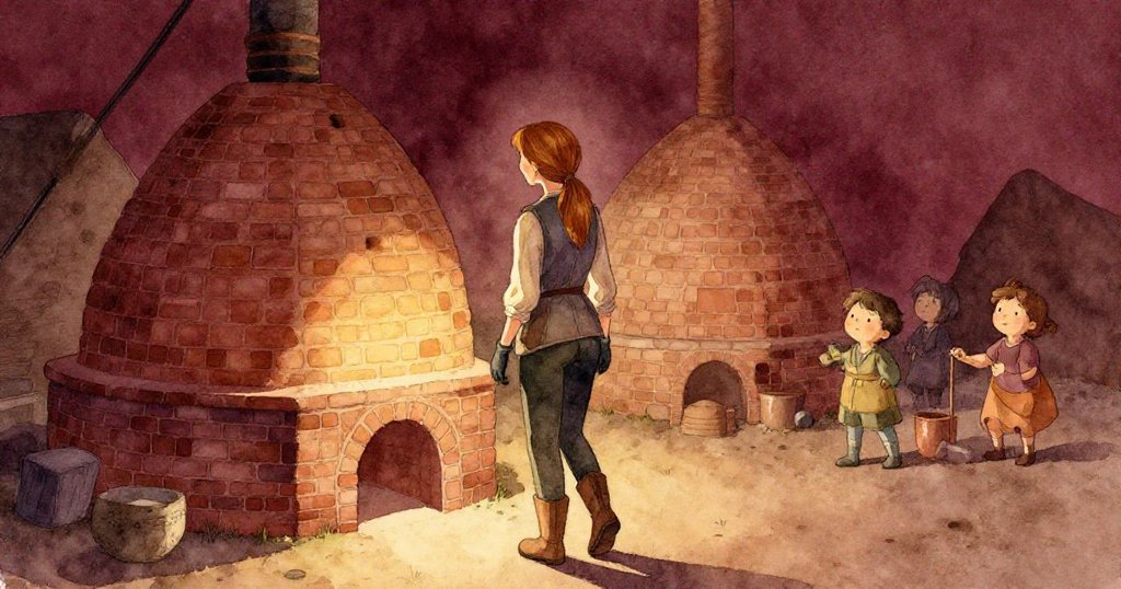 Viola退後靜觀窯門與拱間微光，整體窯景在夜色中散發柔和琥珀光芒，畫面充滿平靜與溫馨