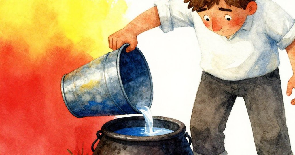 卡爾跪在油漬桶旁，小心傾斜桶子捕捉跳動的藍天倒影，細節充滿好奇與認真感。