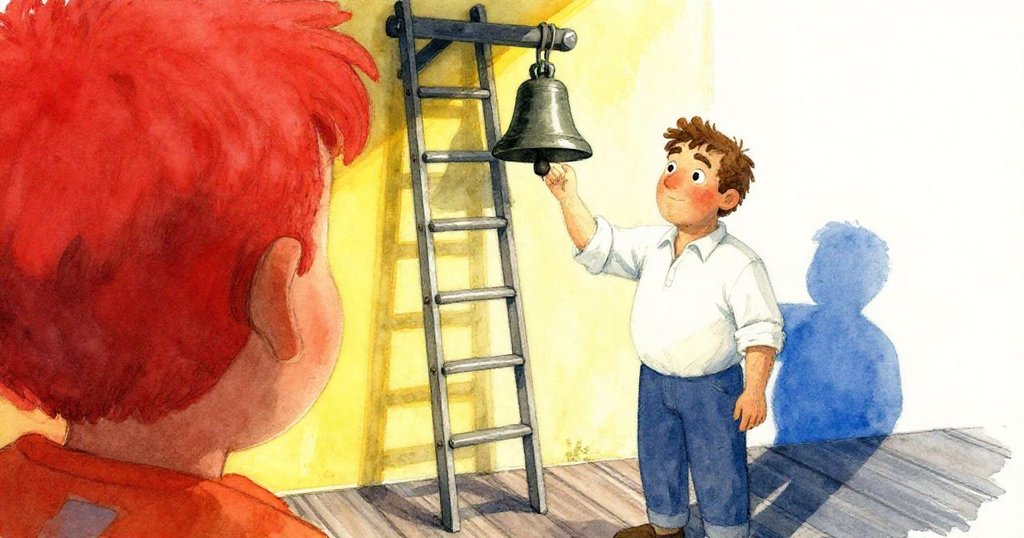 卡爾攀爬鐵梯站上甲板，注視著缺鐘處的新橡木釘，眼中流露出懷舊與好奇的情感。