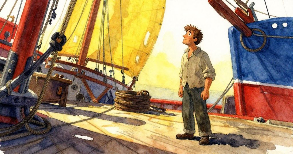 卡爾在甲板上靜立，感受油漆與木屑混合的氣味，陽光與陰影交織出變幻多端的工地氛圍。