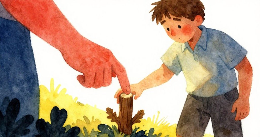 卡爾低頭仔細觸摸新橡木釘上微妙的小手印，木質紋理與暖光中流露出靜謐且懸疑的情緒。